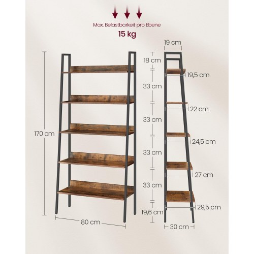 Bogreol stige 5 hylder industrielt look, rustik brun/sort