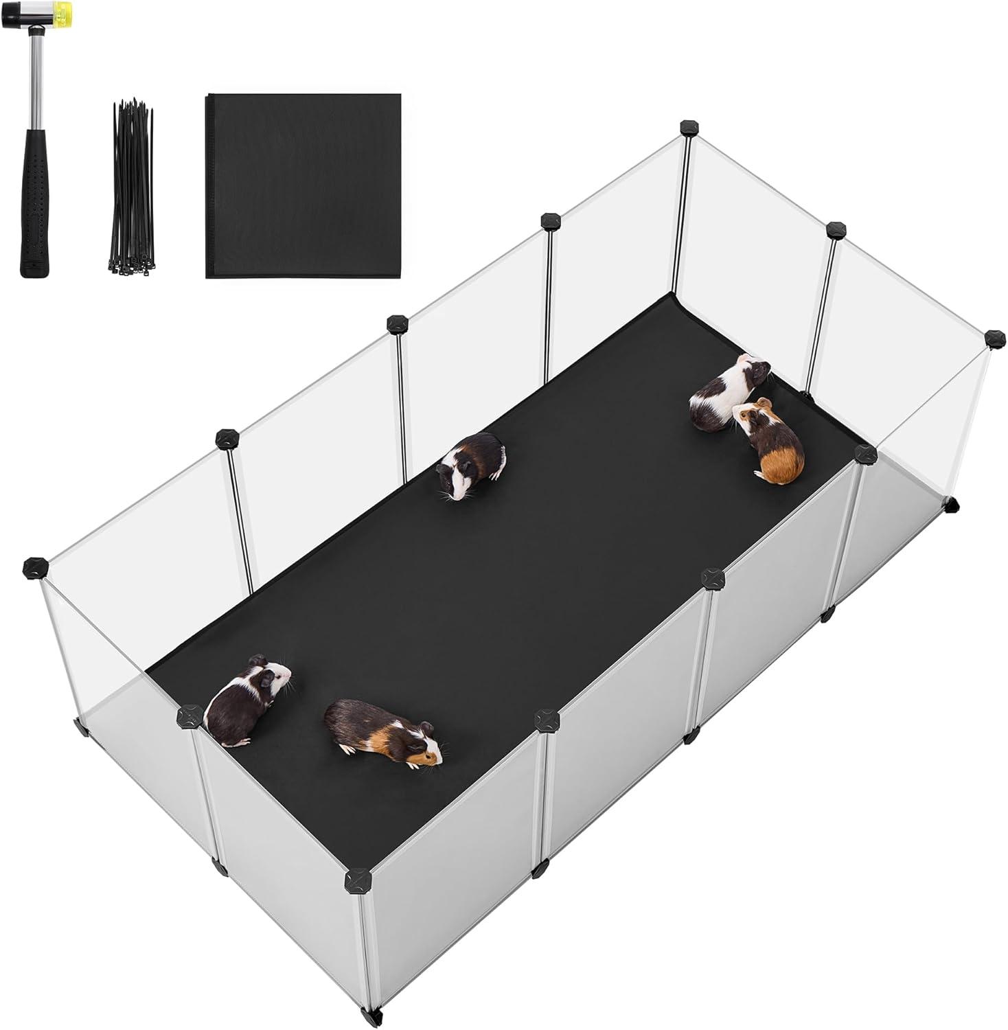 Løbegård til kæledyr med bund og aftagelig Oxford-måtte, indendørs indhegning til smådyr, DIY plastbur, 143 × 73 × 46 cm, hvid