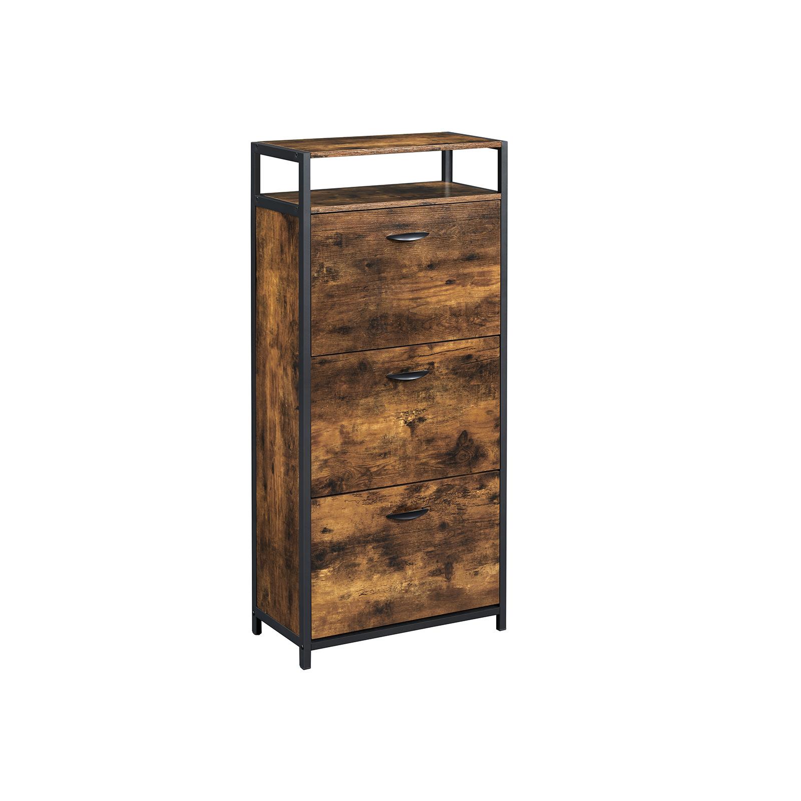 Skoskab med vippe-låger – VASAGLE, 3 rum, rumdeler, åbent fag, 60 × 30 × 130 cm, rustik brun/sort