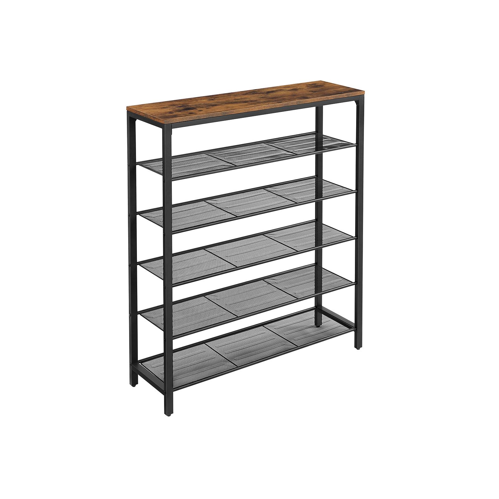 Skostativ - 5 hylder og stor topplade, metalramme i industrielt design, vintage brun/sort (100×30×110 cm) billede