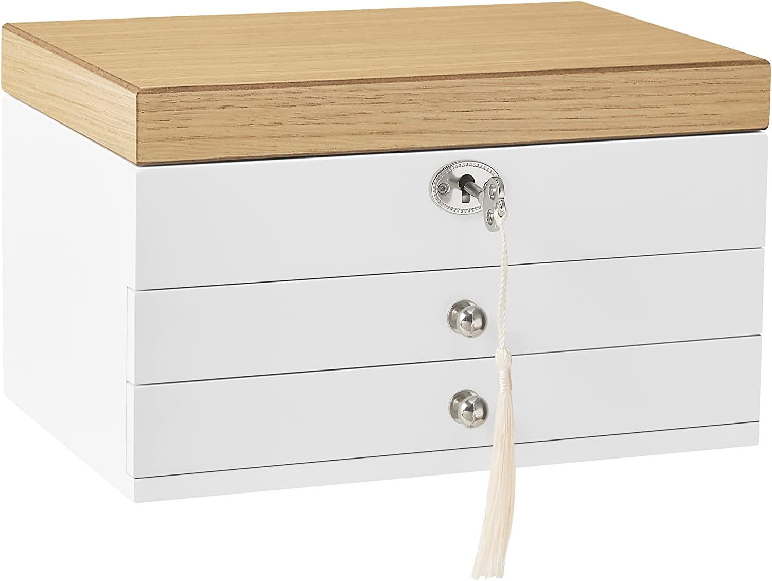 Smykkeskrin – SONGMICS, 3-lags med stort spejl, 2 skuffer, låsbart, hvid/ trælook