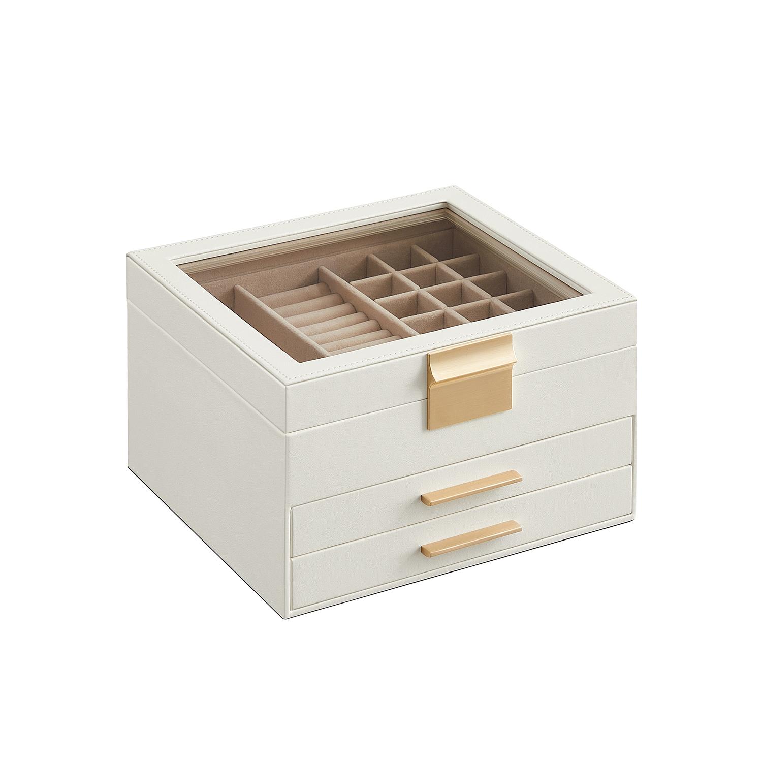 Smykkeskrin med glaslåg – SONGMICS, 3-lags organiser med 2 skuffer, skyhvid/guld