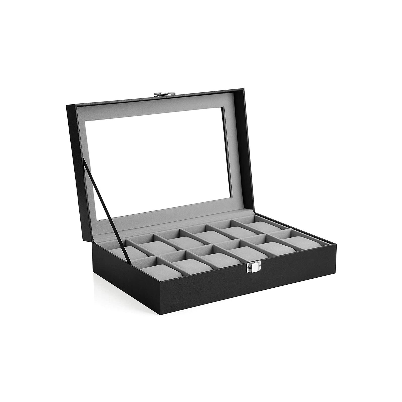 Urkasse med 12 rum – SONGMICS urboks med glaslåg, aftagelige puder, sort kunstlæder, grå foring