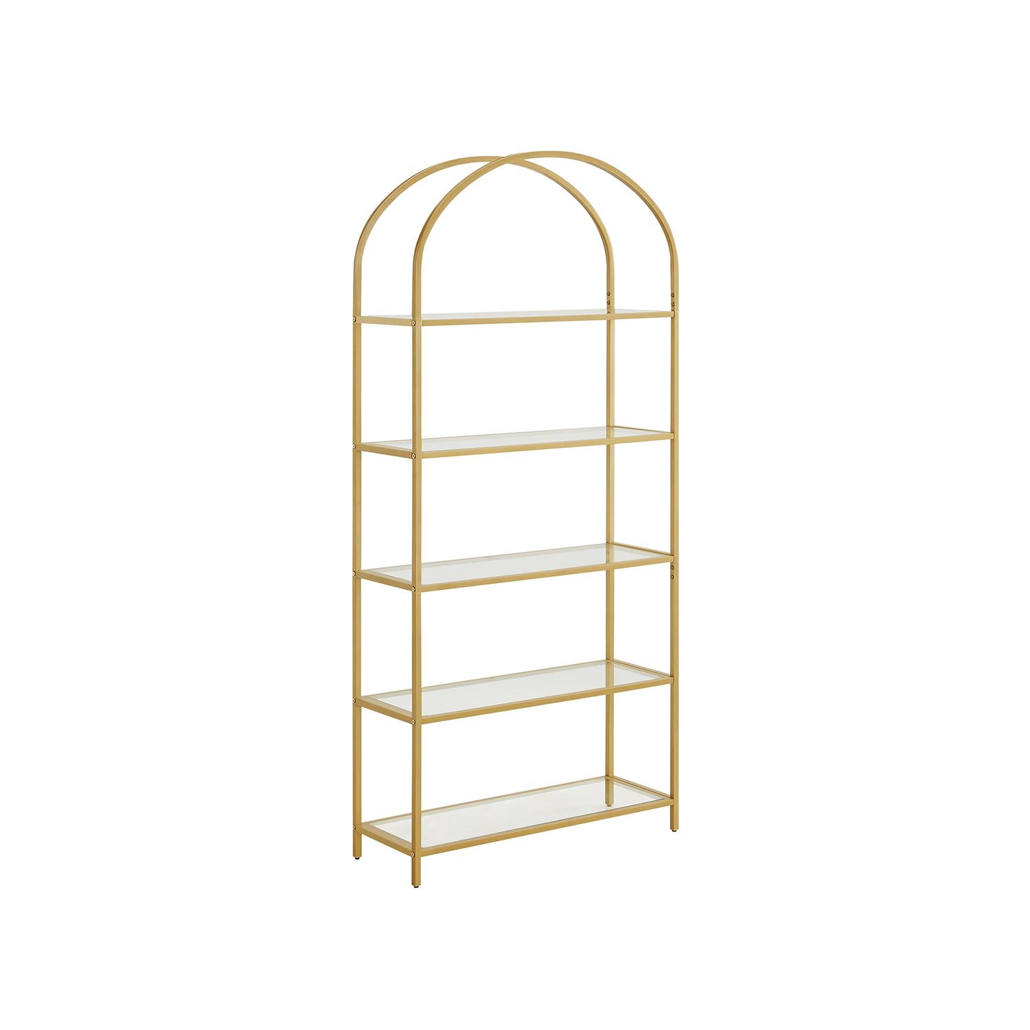 Reol med 5 hylder – VASAGLE, hærdet glas og stål, buet design, gylden (LGT050A01)