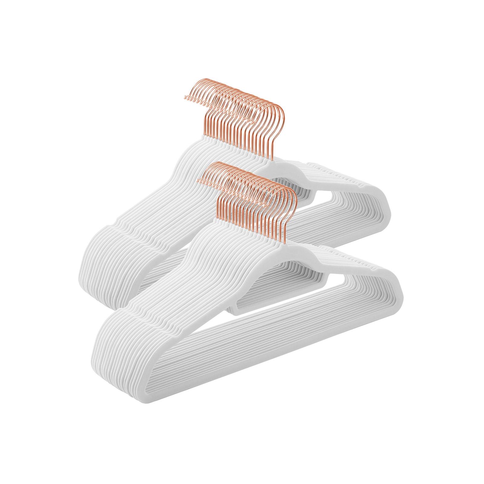 Bøjler i velour – SONGMICS, sæt med 50, skridsikre med slipsstang og roseguldkrog, pladsbesparende, 0,6 cm tykke, 43,5 cm lange, hvid