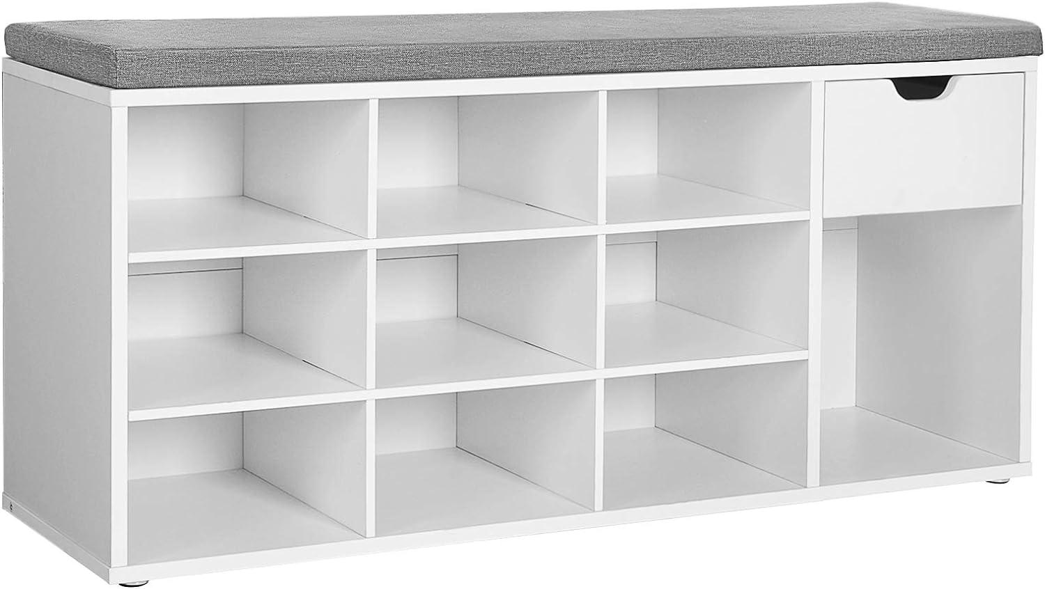 Skobænk med opbevaring VASAGLE – hvid/grå, polstret sæde, 2 åbne rum + 1 lukket (LHS021W01)