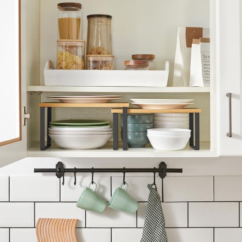 Køkkenhylder til skab udtrækkelige og stabelbare krydderihylder, 2 stk., metal og bambus, sort/natur