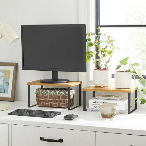 Køkkenhylder til skab udtrækkelige og stabelbare krydderihylder, 2 stk., metal og bambus, sort/natur