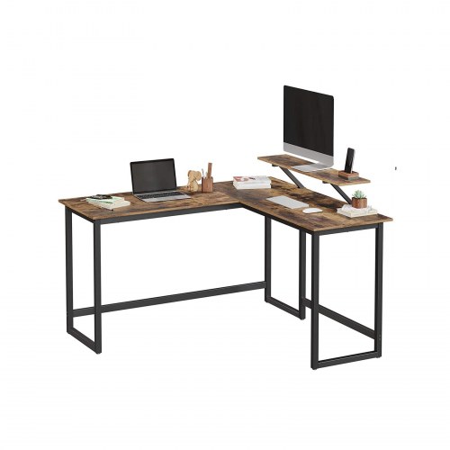 Skrivebord i L-form med skærmhylde, pladsbesparende, justerbare fødder, metalstel, rustik brun, 140 × 130 × 76/91,5 cm