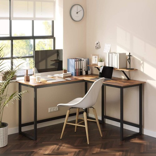 Skrivebord i L-form med skærmhylde, pladsbesparende, justerbare fødder, metalstel, rustik brun, 140 × 130 × 76/91,5 cm