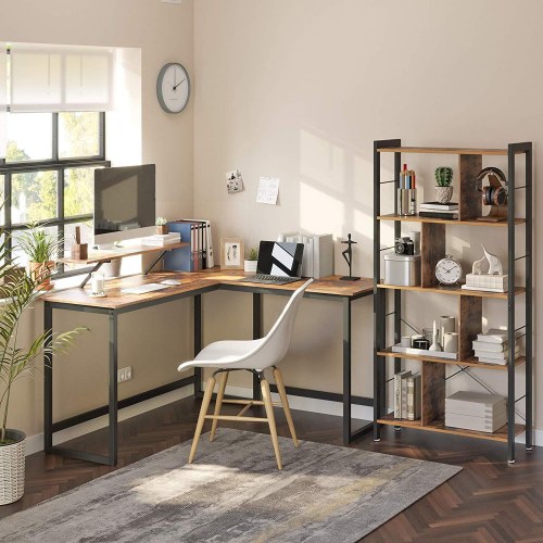 Skrivebord i L-form med skærmhylde, pladsbesparende, justerbare fødder, metalstel, rustik brun, 140 × 130 × 76/91,5 cm