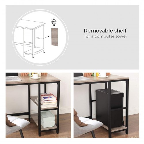 Skrivebord i L‑form hjørneskrivebord med hylder, industrielt, greige/sort