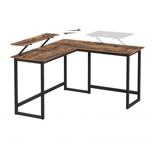 Skrivebord i L-form med skærmhylde, pladsbesparende, justerbare fødder, metalstel, rustik brun, 140 × 130 × 76/91,5 cm