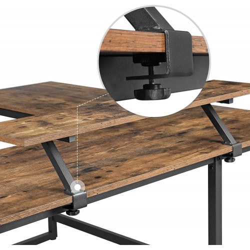 Skrivebord i L-form med skærmhylde, pladsbesparende, justerbare fødder, metalstel, rustik brun, 140 × 130 × 76/91,5 cm