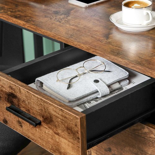 Skrivebord i L-form hjørneskrivebord med skab og skuffe, industrielt design, rustik brun/sort (LWD74X)