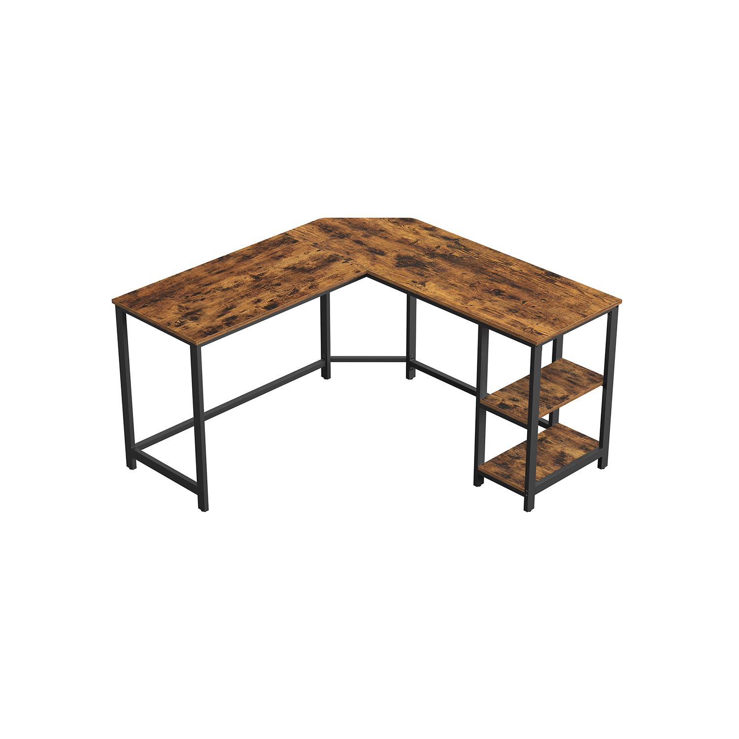 Skrivebord i L‑form – VASAGLE hjørneskrivebord med hylder, industriel rustik brun/sort