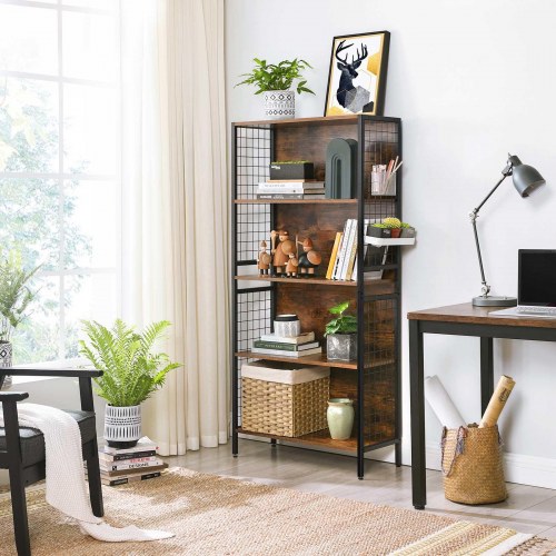 Bogreol 4 hylder stålramme, kroge, rustik brun/sort