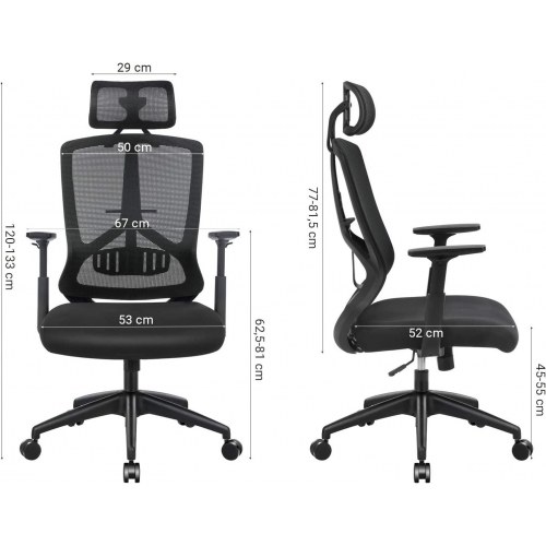 Kontorstol ergonomisk med lændestøtte, højde- og vippefunktion, justerbar nakkestøtte og armlæn, sort