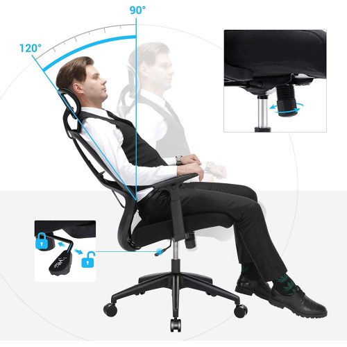 Kontorstol ergonomisk med lændestøtte, højde- og vippefunktion, justerbar nakkestøtte og armlæn, sort