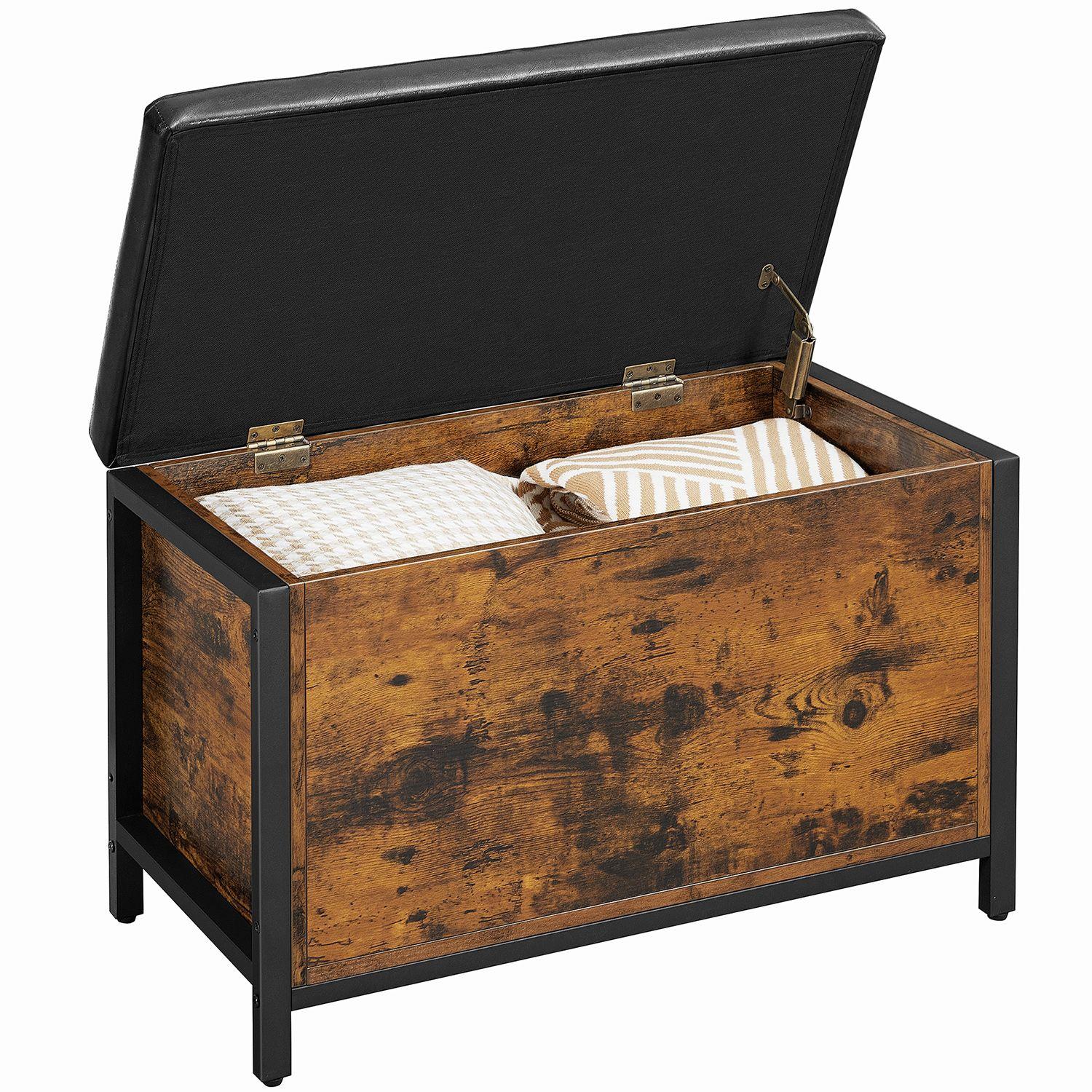 Opbevaringsbænk polstret sæde, industrielt design, sort kunstlæder/rustik brun, 80 × 40 × 50 cm