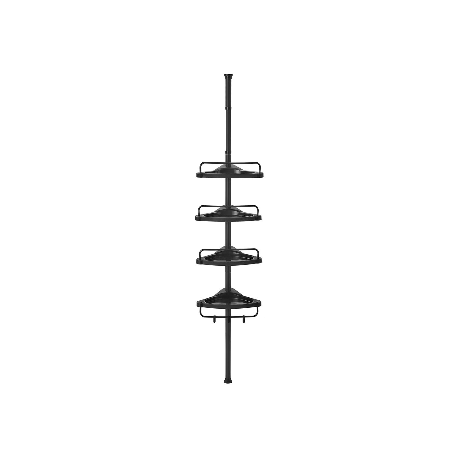 Hjørnehylde til bad teleskop brusekurv, 85-305 cm, gulv-til-loft, 4 hylder, 3 kroge, sort billede