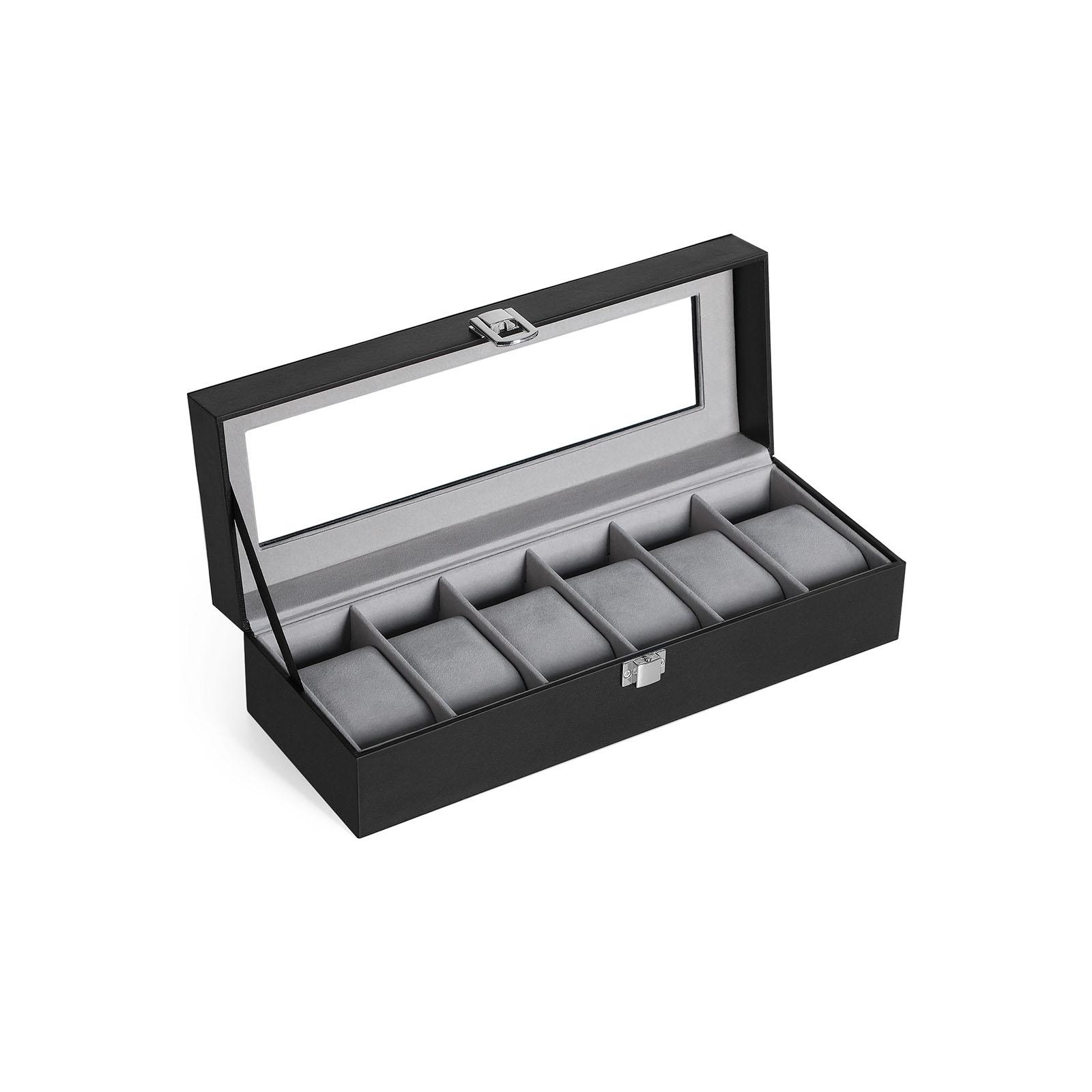 Urboks med glaslåg 6 rum, sort kunstlæder, grå foring, 30 × 11,2 × 8 cm