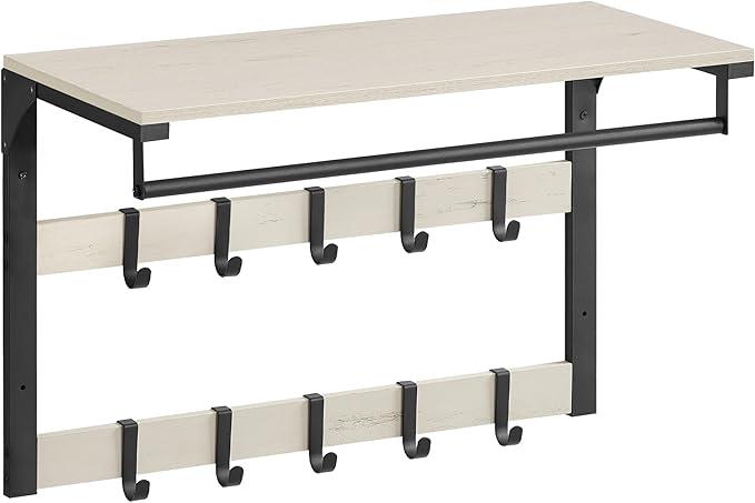 Vægmonteret knagerække med hylde – VASAGLE, 10 aftagelige kroge og bøjlestang, rustik hvid/sort, 30 × 65 × 42 cm