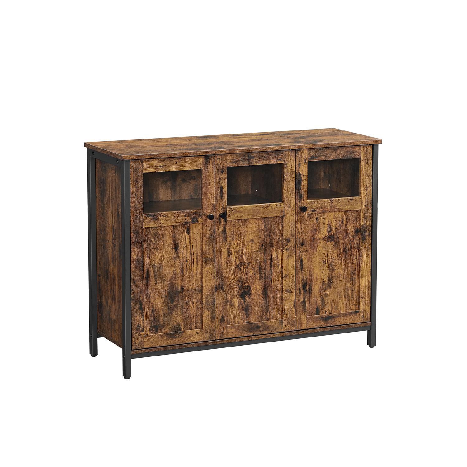 Opbevaringsskab med glaslåger – VASAGLE sideboard i industrielt look, rustik brun/sort, 100 × 35 × 75 cm
