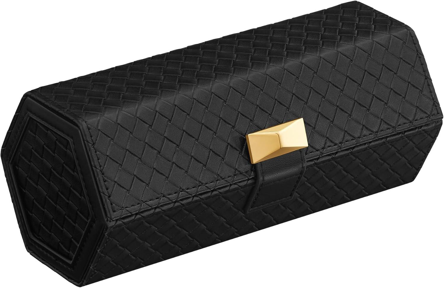 Ur etui rejse – SONGMICS HOME ur-rulle til 3 ure, sekskantet, præget fletlook PU-læder, skjult opbevaring, Ink Black