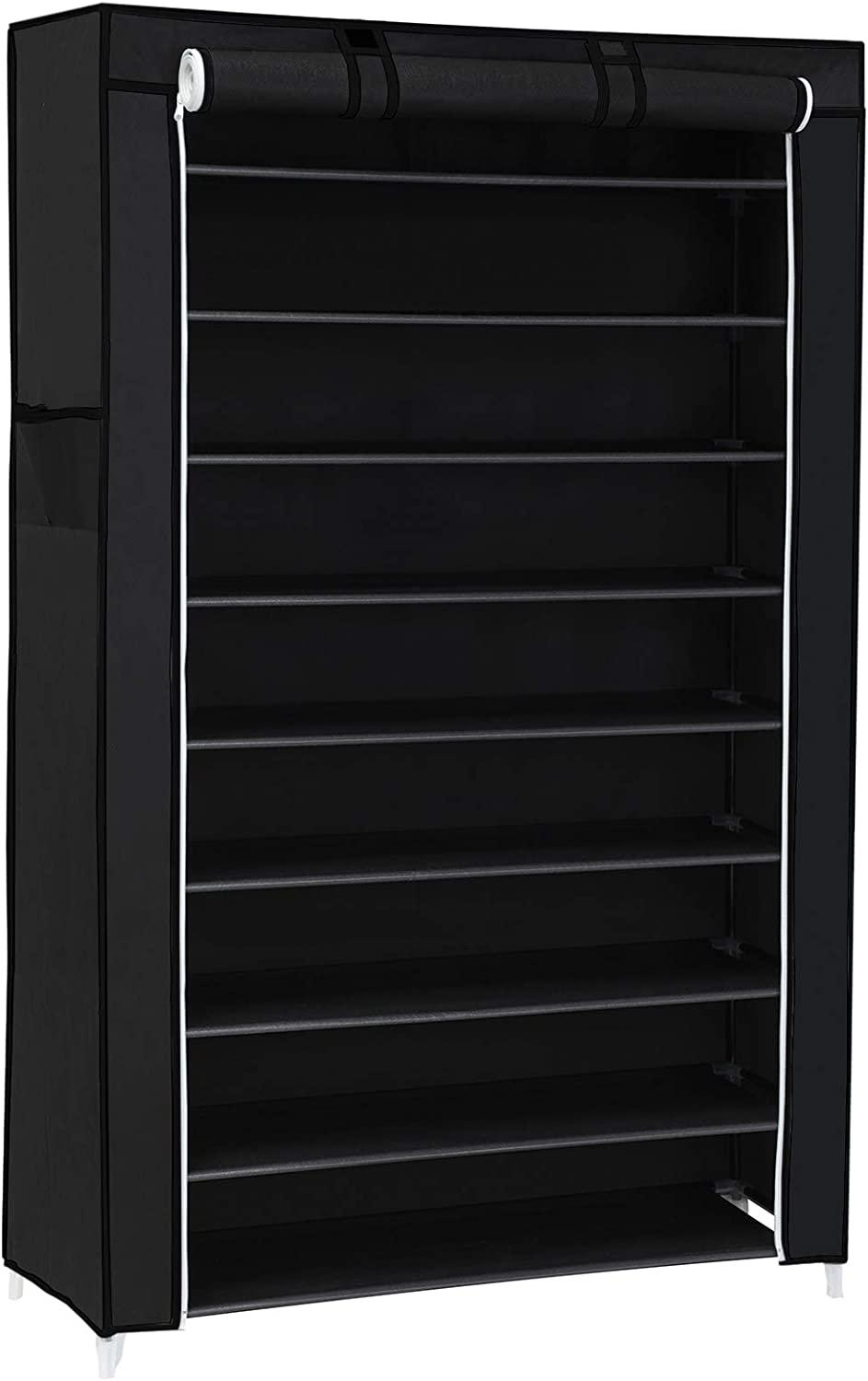 Skostativ med 10 hylder støvbeskyttende cover, 88 × 28 × 160 cm, sort billede