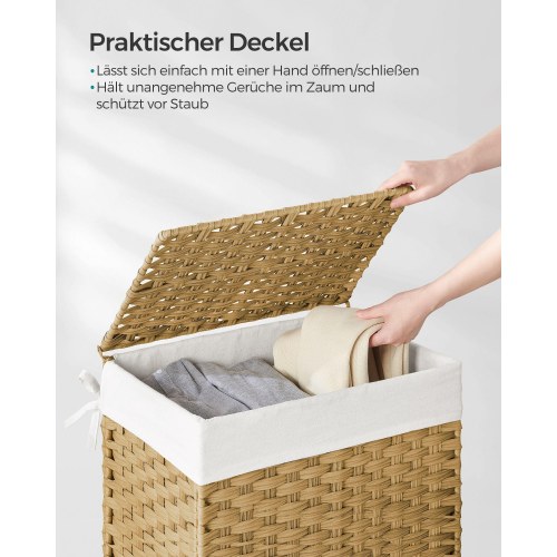 Vasketøjskurv med låg 90 l – SONGMICS håndflettet syntetisk rattan, foldbar med aftagelig stofpose – natur