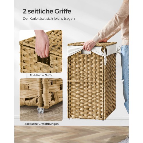 Vasketøjskurv med låg 90 l – SONGMICS håndflettet syntetisk rattan, foldbar med aftagelig stofpose – natur