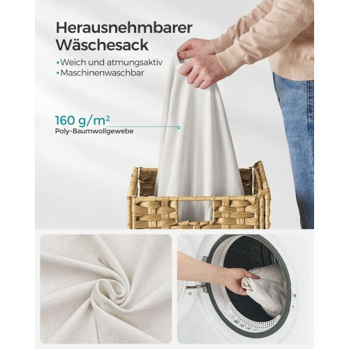 Vasketøjskurv med låg 90 l – SONGMICS håndflettet syntetisk rattan, foldbar med aftagelig stofpose – natur