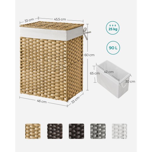 Vasketøjskurv med låg 90 l – SONGMICS håndflettet syntetisk rattan, foldbar med aftagelig stofpose – natur