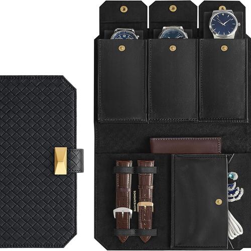 Ureetui rejse – SONGMICS HOME RONNE, 3-urs pung i flettet præget PU-læder, kompakt organizer 22 × 14,5 × 4,5 cm, Ink Black