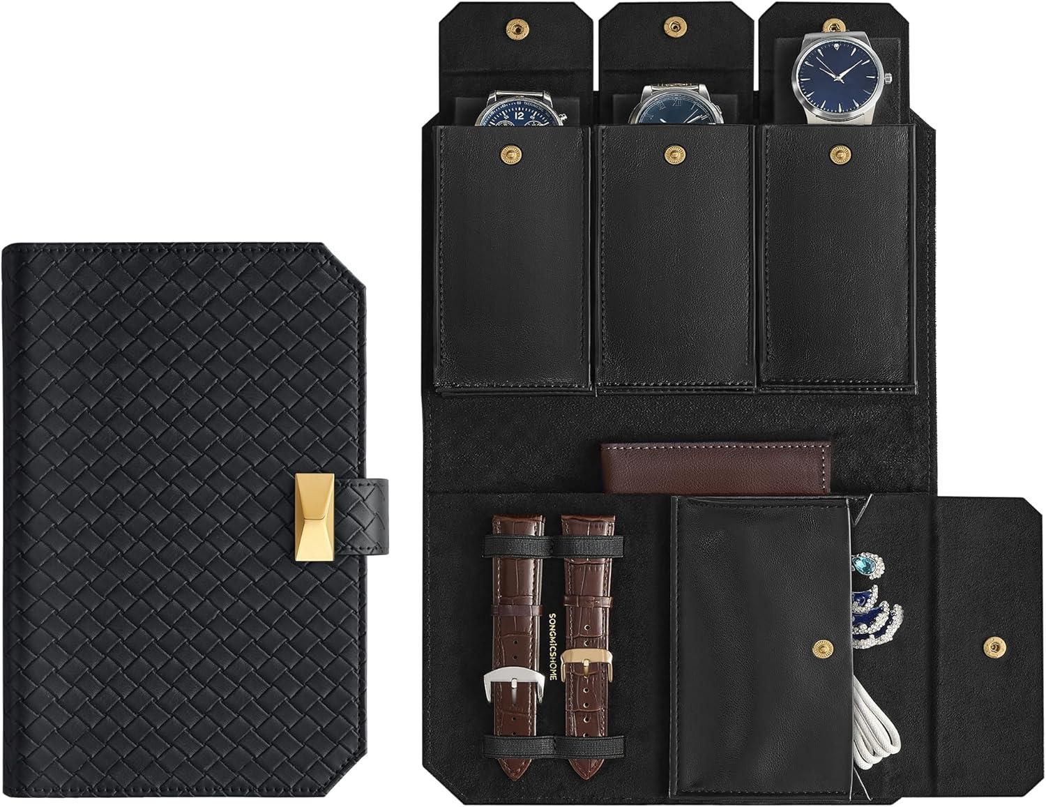 Ureetui rejse – SONGMICS HOME RONNE, 3-urs pung i flettet præget PU-læder, kompakt organizer 22 × 14,5 × 4,5 cm, Ink Black