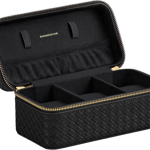 Uretui til 3 ure – SONGMICS HOME RONNE, rejseetui i flettet præget PU-læder, 10 × 20 × 9 cm, ink black