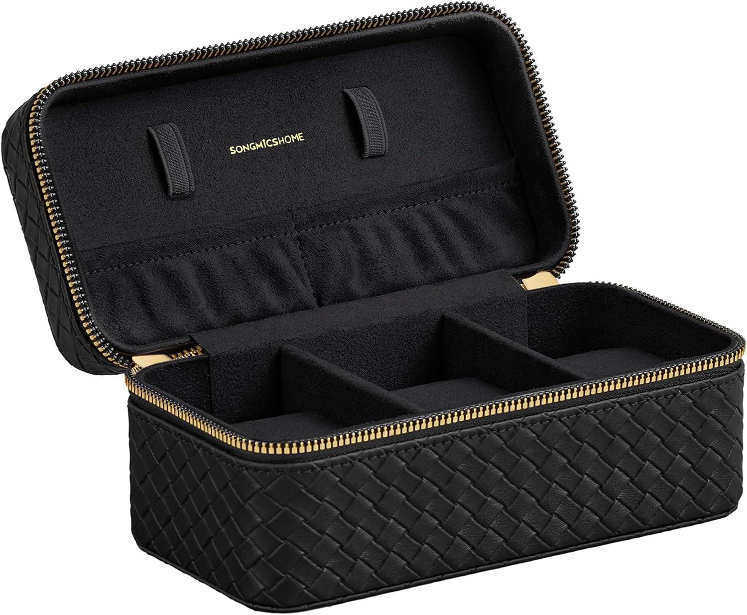 Uretui til 3 ure – SONGMICS HOME RONNE, rejseetui i flettet præget PU-læder, 10 × 20 × 9 cm, ink black