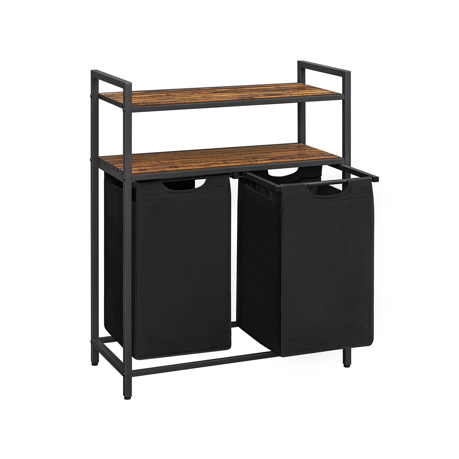 Vasketøjskurv med hylder – VASAGLE dobbelt vasketøjssorterer, 2 udtagelige poser á 46 l, 2 opbevaringshylder, rustik brun/sort