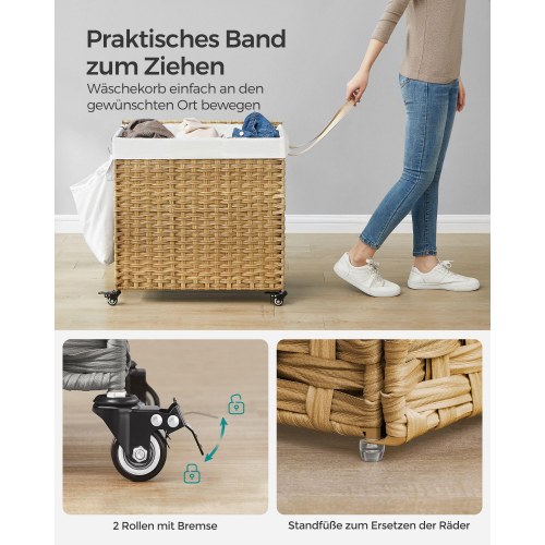 Vasketøjskurv med låg – SONGMICS, 140 l, rattan-look, 3 rum, aftagelig inderpose, hjul og håndtag, natur, 66 × 33 × 60 cm