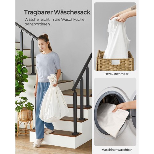 Vasketøjskurv med låg – SONGMICS, 140 l, rattan-look, 3 rum, aftagelig inderpose, hjul og håndtag, natur, 66 × 33 × 60 cm