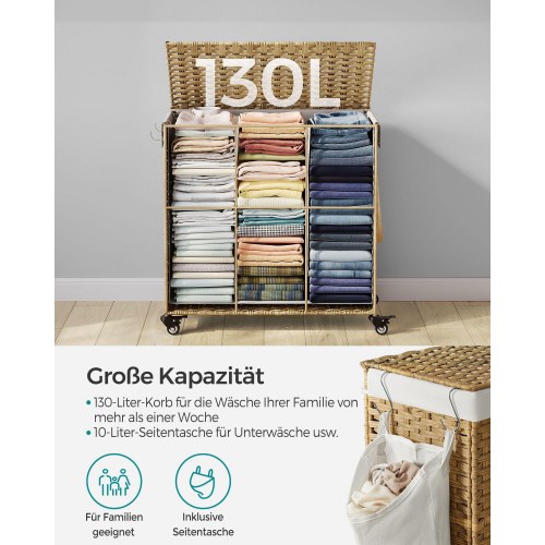 Vasketøjskurv med låg – SONGMICS, 140 l, rattan-look, 3 rum, aftagelig inderpose, hjul og håndtag, natur, 66 × 33 × 60 cm