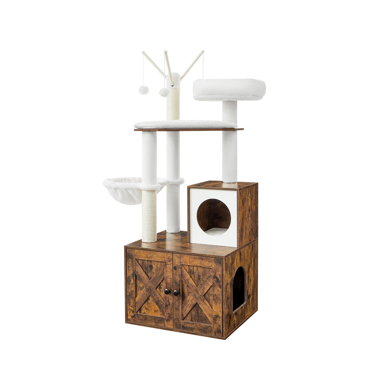 Kattetræ med kradsetræ og kattebakke – FEANDREA, vintage brun, 57,5 × 50 × 140 cm