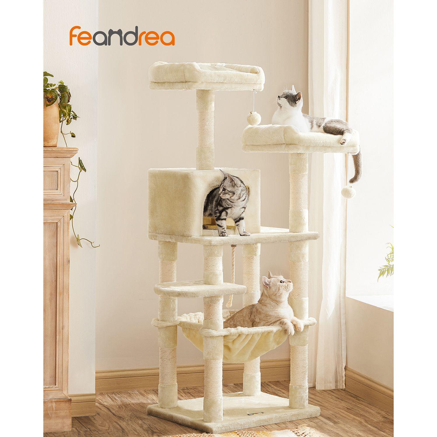 Kattetårn med kradsetræ - FEANDREA, 2 plyssede udkigspladser, 143 cm, beige billede
