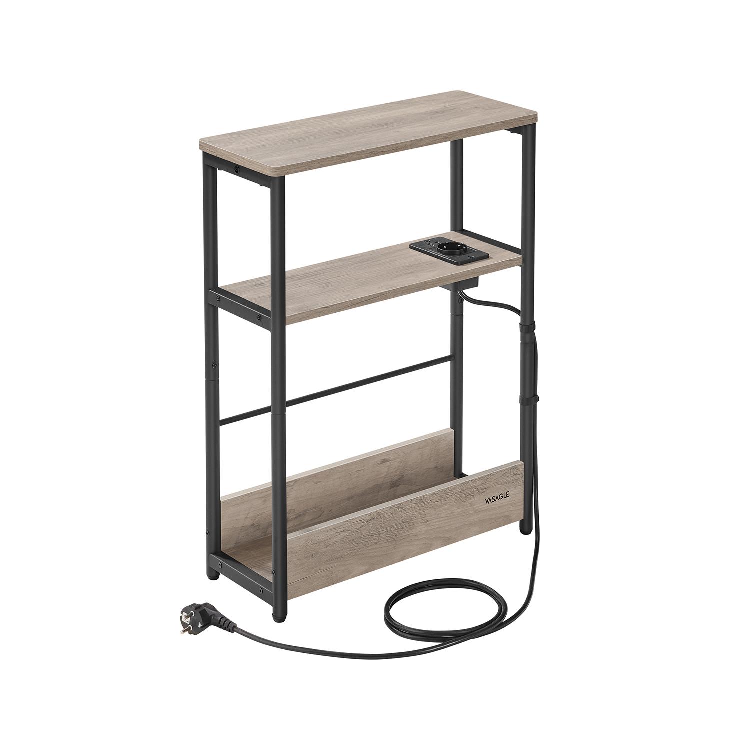 Sidebord med stikkontakt slankt 3-niveaus sofabord/natbord, magasinholder, Heather Greige/Ink Black