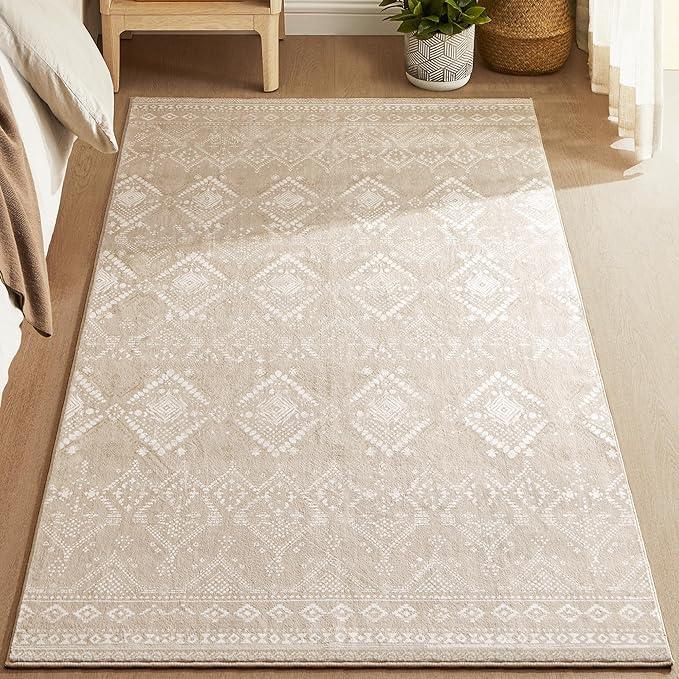 Gulvtæppe 120 × 170 cm – SONGMICS HOME boho, skridsikkert, maskinvaskbart – cappuccino beige