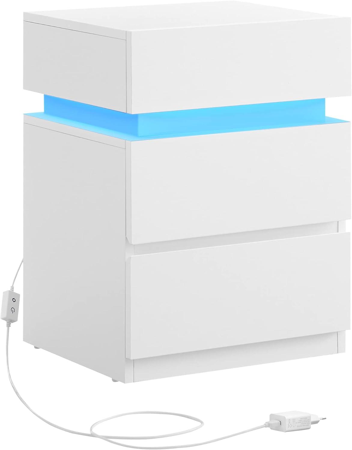 Sengebord med LED-lys 3 skuffer, moderne, 35 × 40 × 55 cm, hvid