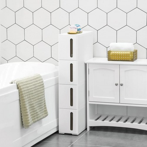 Køkkenopbevaring skuffereol på hjul smal rullevogn med 4 skuffer, 45 × 17 × 84 cm, hvid/brun