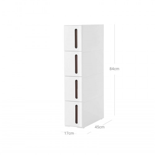 Køkkenopbevaring skuffereol på hjul smal rullevogn med 4 skuffer, 45 × 17 × 84 cm, hvid/brun