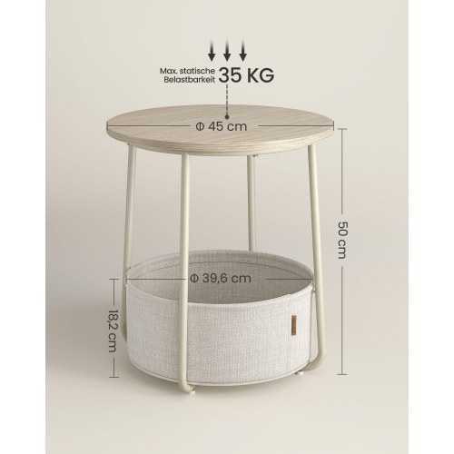 Rundt sidebord med stofkurv lille sofabord, cremehvid (LET223K67)